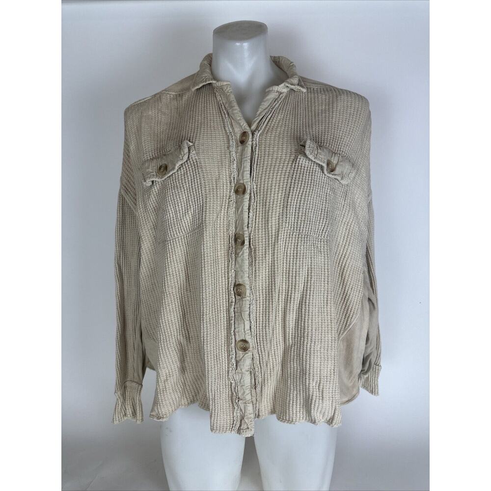 Free People One Scout Jacket Oversized Waffle Knit Button Shirt Shacket Sand XS